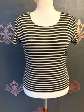 LOFT Black and Cream Striped Short-Sleeve Scoop Neck Tee